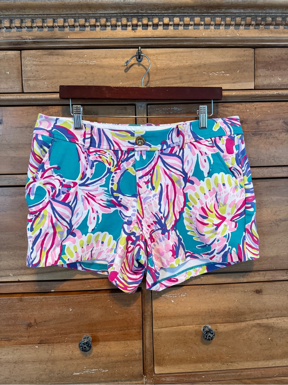Lilly Pulitzer Teal, Pink & Yellow Floral Cotton Knit Callahan Shorts Sz 12